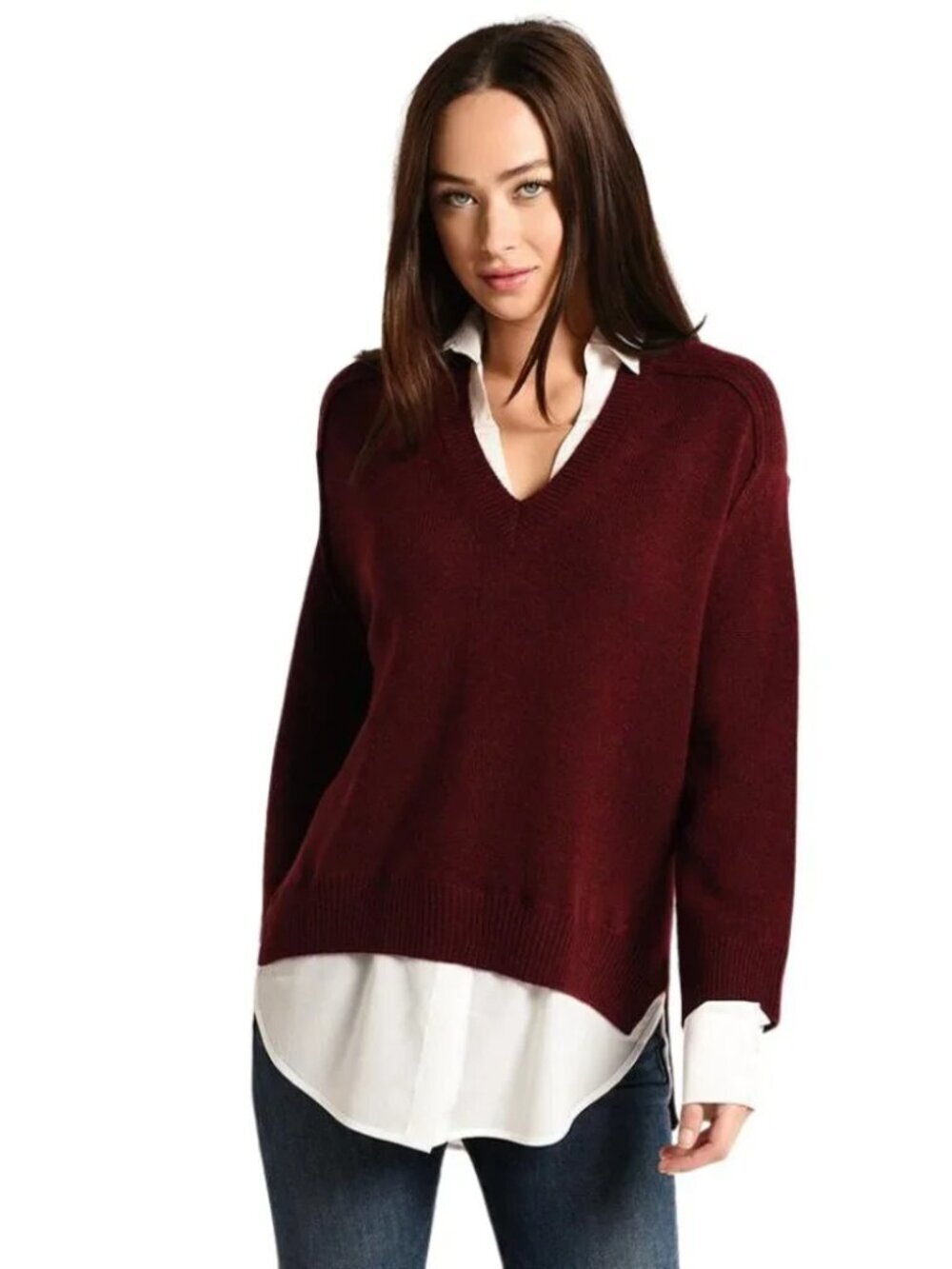 Brochu Walker The Looker Layered V-Neck Wool Cashmere Barolo Red Sweater size XS